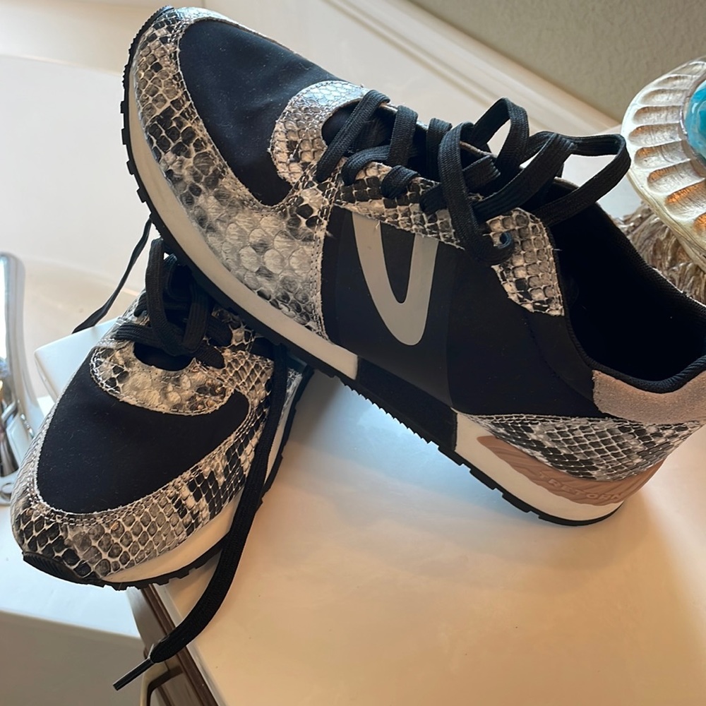 Tretorn Size 10 Black, Snake Print and Tan Sneakers.